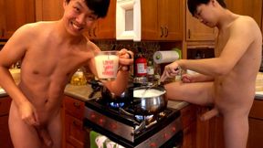 Cute Chinese boy stroking cock while cooking soymilk for you