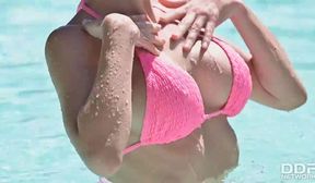 Busty MILF Sasha Double Penetrated by Two Studs Beside Swimming Pool