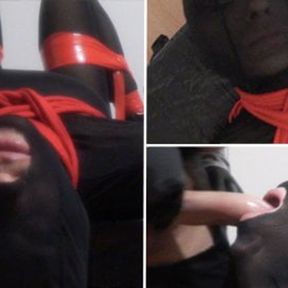 Amateur Bondage: Tied up nylon slut facefucked and jerked on