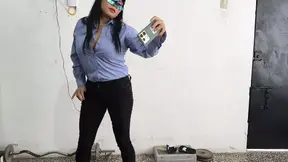 A female police officer is home, ready for her work break. She's a sweet, busty woman.