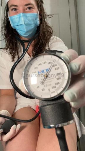 Self BP Cuff and Black Stethoscope Stimulation Testing in White Vintage Nurse Outfit with Vibrator