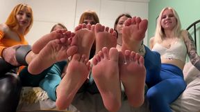 group pov foot domination party with five goddesses - sock smelling, feet worship, trample