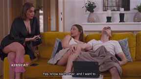 Stepmom Kisscat Caught Mutual Masturbation of Stepsister Amber Bloom with Stepbro While Porn Watching in Living Room