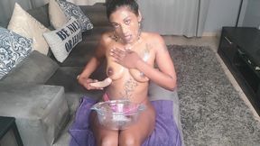 Desi Whore Accumulates Saliva as She Gags on a Dildo, Spit Play, Spit Face, Boob Rub