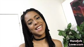 HJ Ebony PS babe with small boobs wanking dick in POV