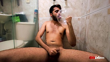 Latino Fucking A Condom Made Fake Pussy, Two Cum Loads, Squirting Pee All Over Myself, Cum t..