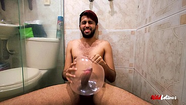 Latino Fucking A Condom Made Fake Pussy, Two Cum Loads, Squirting Pee All Over Myself, Cum t..