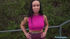 Brunette MILF gives sloppy BJ then rides big cock outdoors