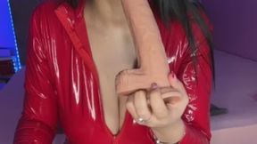 Dressed in my favorite red latex, I play with a dildo, suck it and then penetrate my pussy and anus