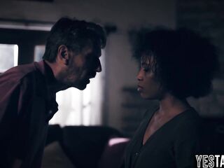 Despairing black cougar seduces a older man and squirts all over his large white weenie