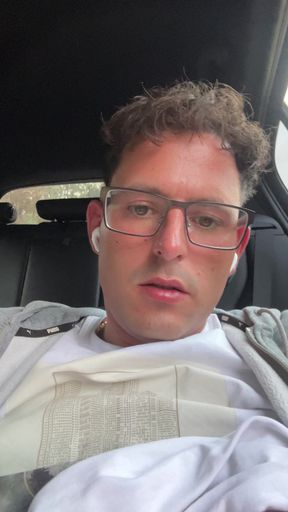 Really cute twink boy jerks off his stinky cheese-smeared penis outside in the car until he cums