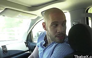 Small tits shemale Kate Zoha gives a blowjob at the backseat