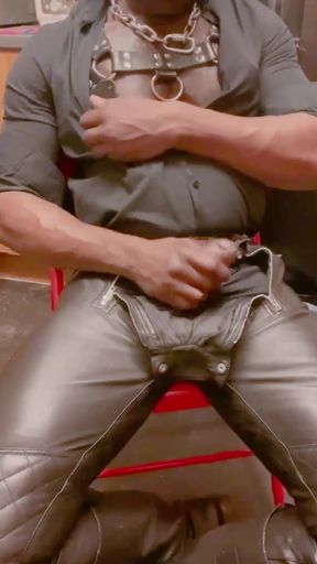 Leather Jeans Wank and Open Shirt Gay Porn Edging Session