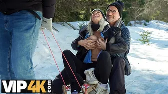 Older man fucks his son's blonde girlfriend while skiing