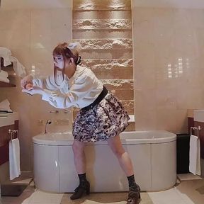 Japanese crossdresser with rabbit ear cum in a luxury hotel bathroom. cumdrop.