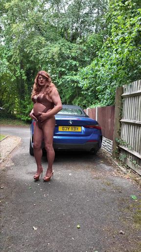 Sexy Crossdresser Kellycd2022 in Brown and Gold Swimsuit and Heels