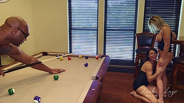 2 hotwives fuck BBC on a pool table