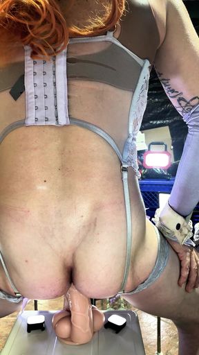 TS Shemale Beautiful Ass in Lingerie Stockings Riding Anal Double Huge Dildo