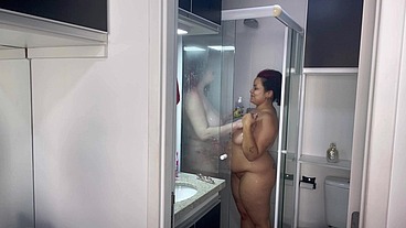 BBW Ebony and Blonde girlfriend taking a shower voyeur
