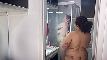 BBW Ebony and Blonde girlfriend taking a shower voyeur