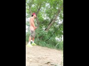 Long distance cumshot outdoor