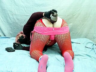 Cute manga cosplay tgirl fills her taut booty unfathomable with a large ebony dong and holds it up betwee