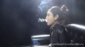 Aisa xue Elegant Leather Jacket Smoking: Gorgeous Asian Beauty Blows Thick Smoke Rings on Black Leather Sofa hd