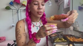 Mukbang Hot Chicken Spicy FaceStuffing Bimbo OverEating Petite Teen Eating Sploshing POV Mozzarella Sticks Long Nails Food Eat