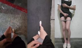Shemale Ting xuan gets destroyed in outdoor cumshot and pees all over her legs