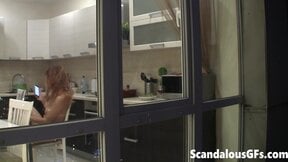 Watching my neighbour's naked hot GF goofing around in the kitchen