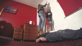 Stepping On His Body To Clean The Mirror FLOOR CAM