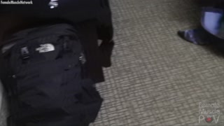 After stuffing her pussy with a dildo muscle chick takes a load to the face