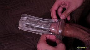 big hairy cock daddy fucking a transparent fleshlight and filling it with cum