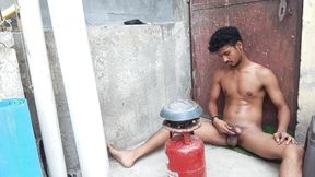 Indian Boy Nude Masterbating Cum While Making His Meal on Terrace