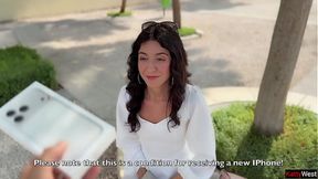 Public Cumwalk: Pretty brunette grinds on and sucks cock for new iPhone