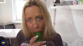 Busty Mother Gets Freaky And Stuffs Salad Ingredients Inside Her Pussy For Dinner Prep
