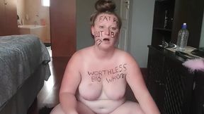 Sitting topless degrading myself out of fury with body writing, hair pulling, face and boob slapping