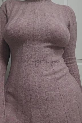 Busty blonde braless in a dress