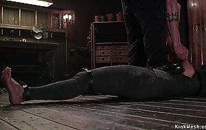 Busty slave is mummified and chained