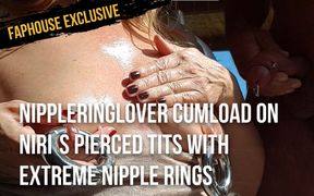 Nippleringlover cumload on Niri`s pierced tits with extreme nipple rings