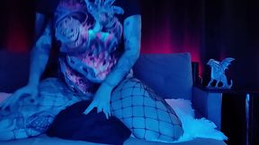 Crazy horror fan girl with a gorgeous body and awesome ass bouncing on a pillow