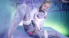 Tattood Girl with Glasses and buttplug Fucks a Tattooed Dick, DP, Facial