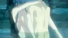 Romantic anime couple make love in a cave hot springs