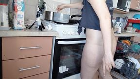 Sexy mom makes breakfast, hairy pussy, big tits. Sexy woman clears out the house, hairy, big ass.