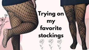 Trying on fishnet stockings