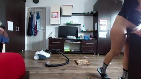 Sexy milf, hairy pussy, big ass, vacuum cleaner in naked house. Latina with big hairy tits.