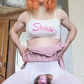 Sissy in white pantyhose ride dildo