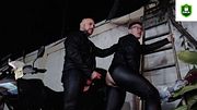 Horny fun at tthe backyard with hot leather on, and cuming in his mouth a tasty load