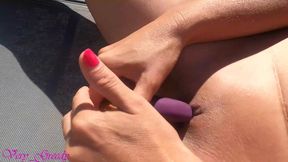 Naughty MILF in garden fingers herself to orgasm while playing with dildo & sex toy