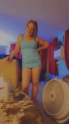Step Mom hikes up her skirt and shows me her panties while she smokes cigarette and tells me her pussy is throbbing for me